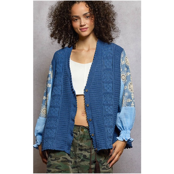 POL Floral Lace Balloon Sleeve Button Down Cardigan - Picture 2 of 3